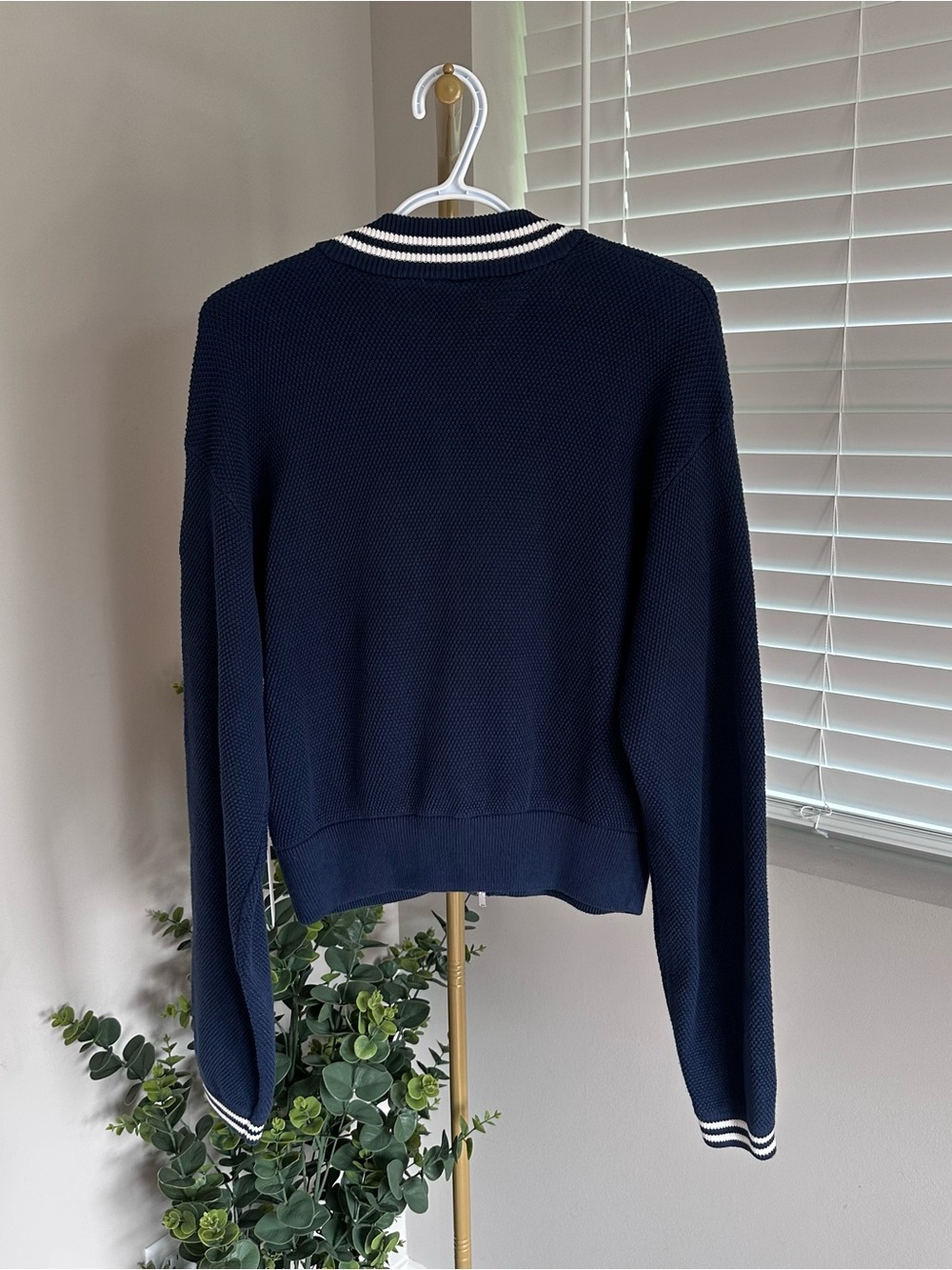 ALO Yoga Navy Sweater Jacket with White Striped Trim - Picture 5 of 7